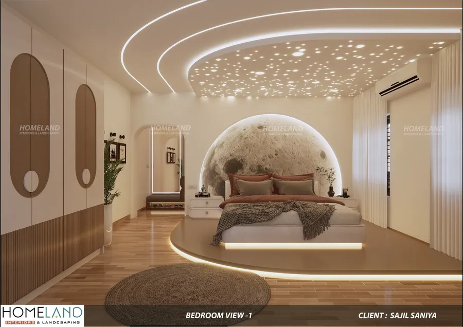 Celestial curved false ceiling with starlight optical lighting and round platform bed by Homeland Interiors