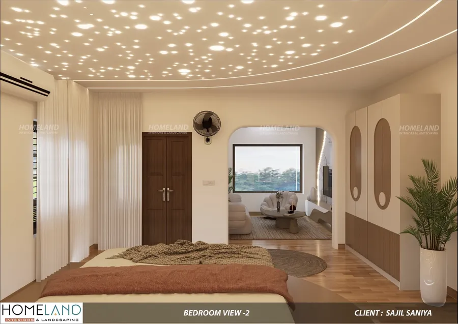Bedroom design showing bespoke arches, round bed, and seamless wardrobe integration