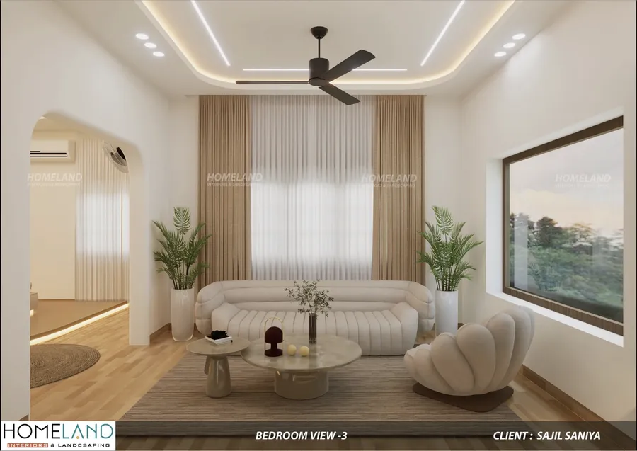 Curved plush headboard and circular platform bed detail in luxury Kerala bedroom