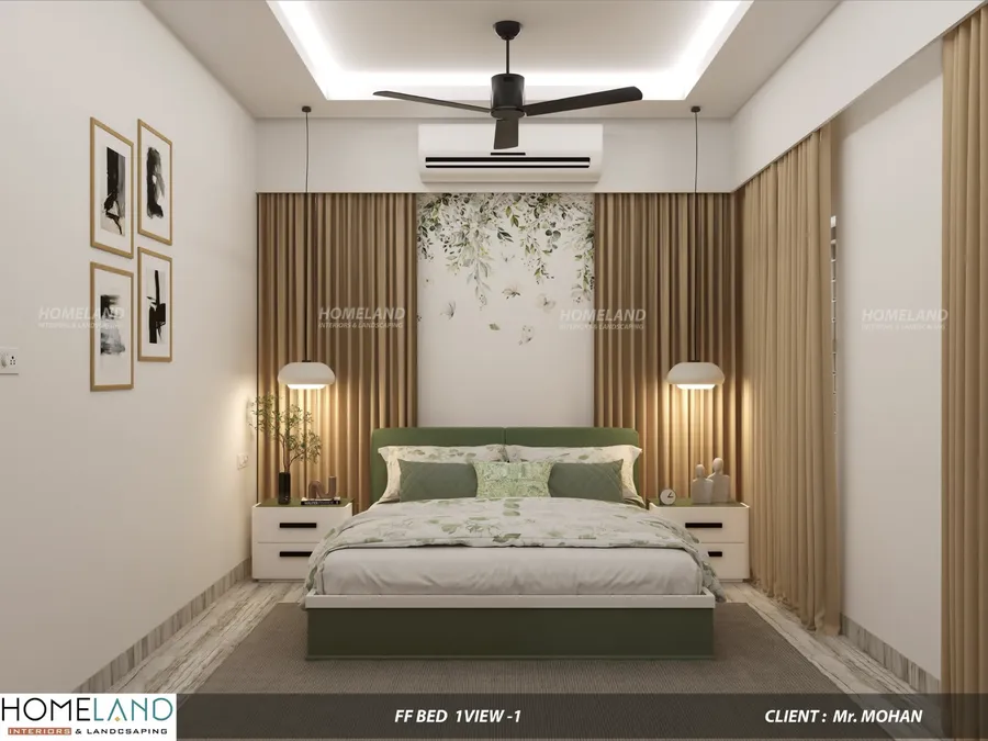 Guest bedroom with minimalist headboard and balanced task lighting