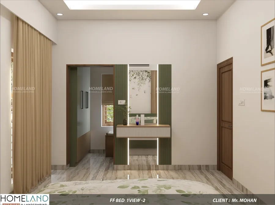 First floor sliding door wardrobe with integrated full-height vanity mirror