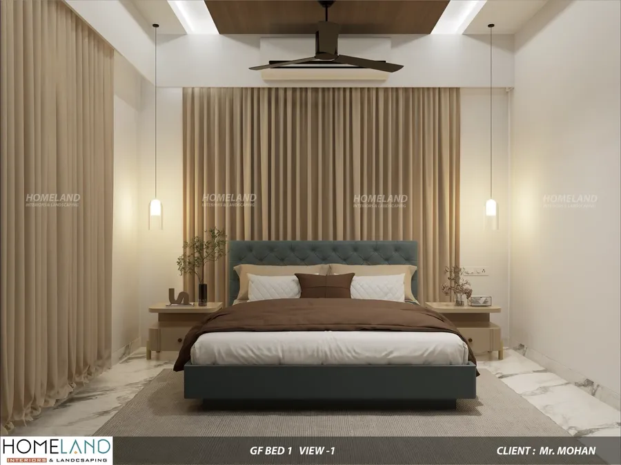 Accessible ground floor bedroom with soothing earth-toned color palette and ambient reading lights