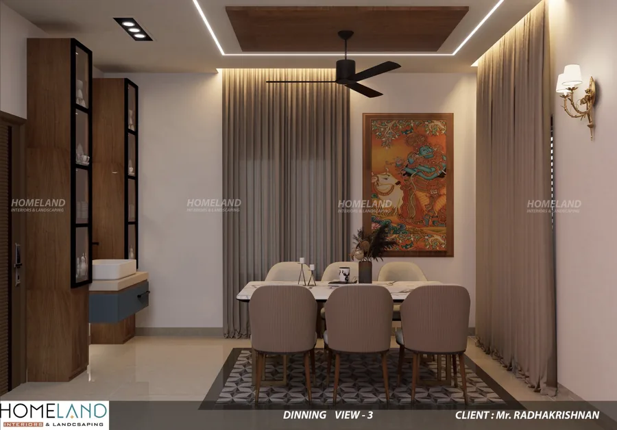 Contemporary Dining & Breakfast Space — Mr. Radhakrishnan Villa designed and crafted by Homeland Interiors, Kerala