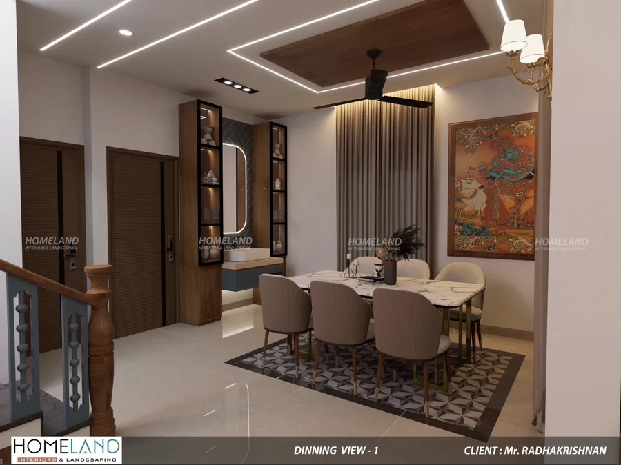 Contemporary Dining & Breakfast Space — Mr. Radhakrishnan Villa designed and crafted by Homeland Interiors, Kerala
