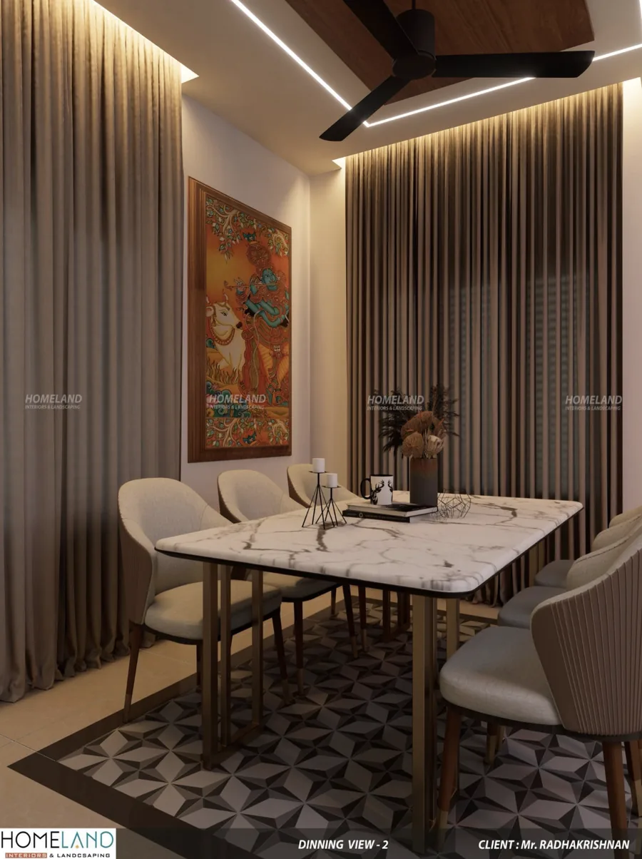 Contemporary Dining & Breakfast Space — Mr. Radhakrishnan Villa designed and crafted by Homeland Interiors, Kerala