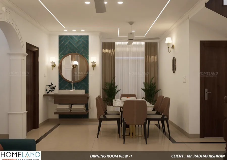 Contemporary Dining & Breakfast Space — Mr. Radhakrishnan Villa designed and crafted by Homeland Interiors, Kerala