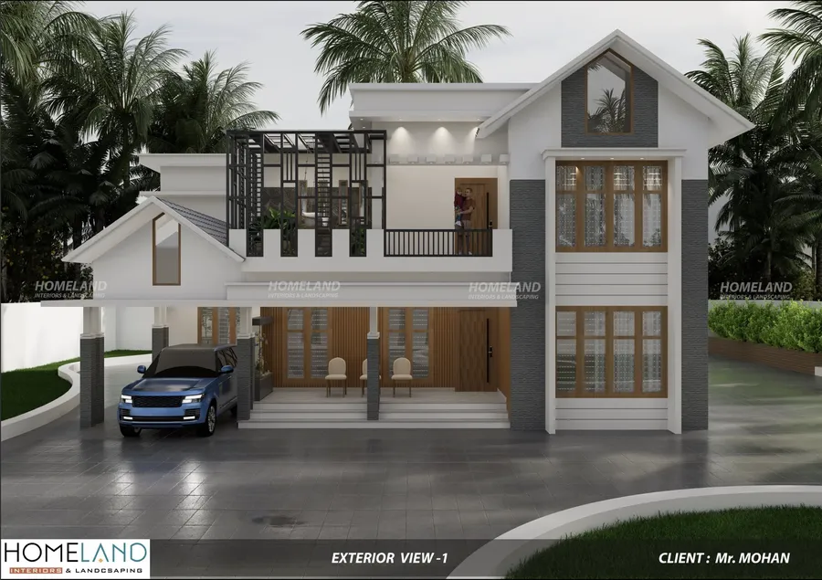Contemporary Kerala villa exterior facade with boundary landscaping