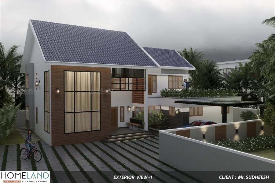 Turnkey luxury villa architectural exterior and tropical landscape design in Kerala