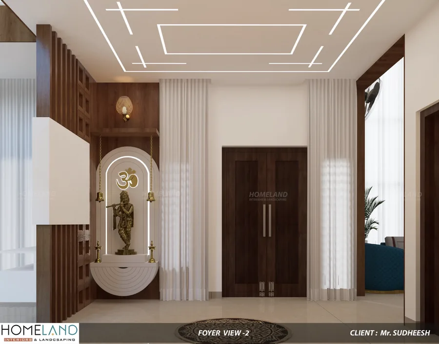 Entrance foyer with decorative partition screen, console table, and statement lighting