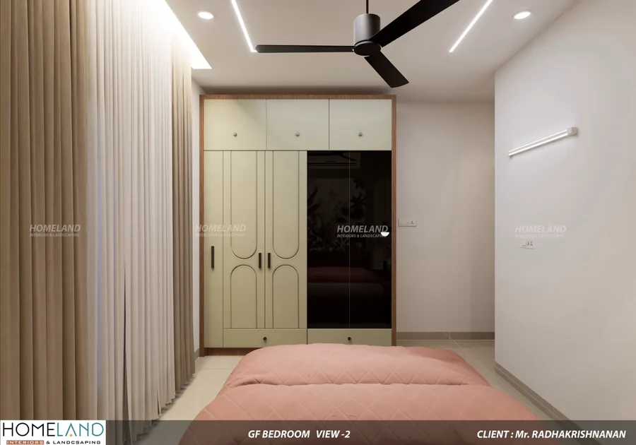 Ground Floor Ensuite Bedroom — Mr. Radhakrishnan Villa designed and crafted by Homeland Interiors, Kerala