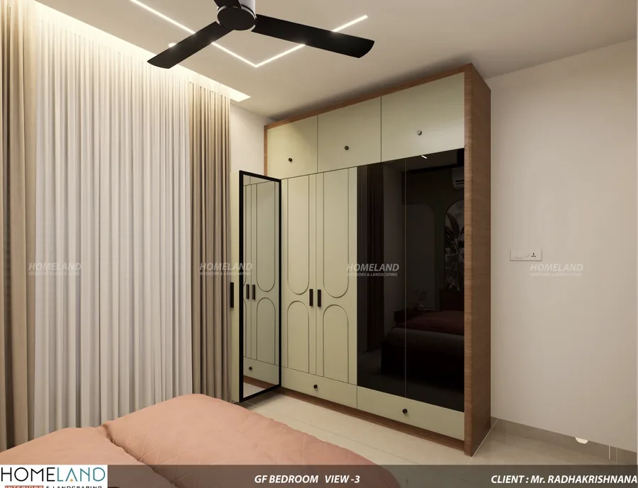 Ground Floor Ensuite Bedroom — Mr. Radhakrishnan Villa designed and crafted by Homeland Interiors, Kerala