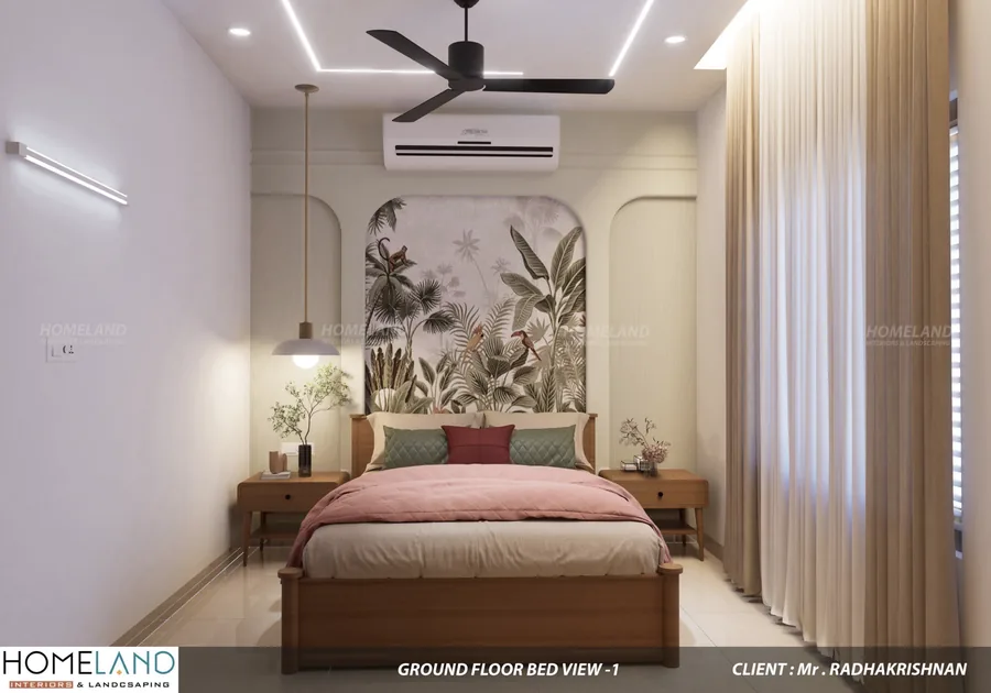Ground Floor Ensuite Bedroom — Mr. Radhakrishnan Villa designed and crafted by Homeland Interiors, Kerala
