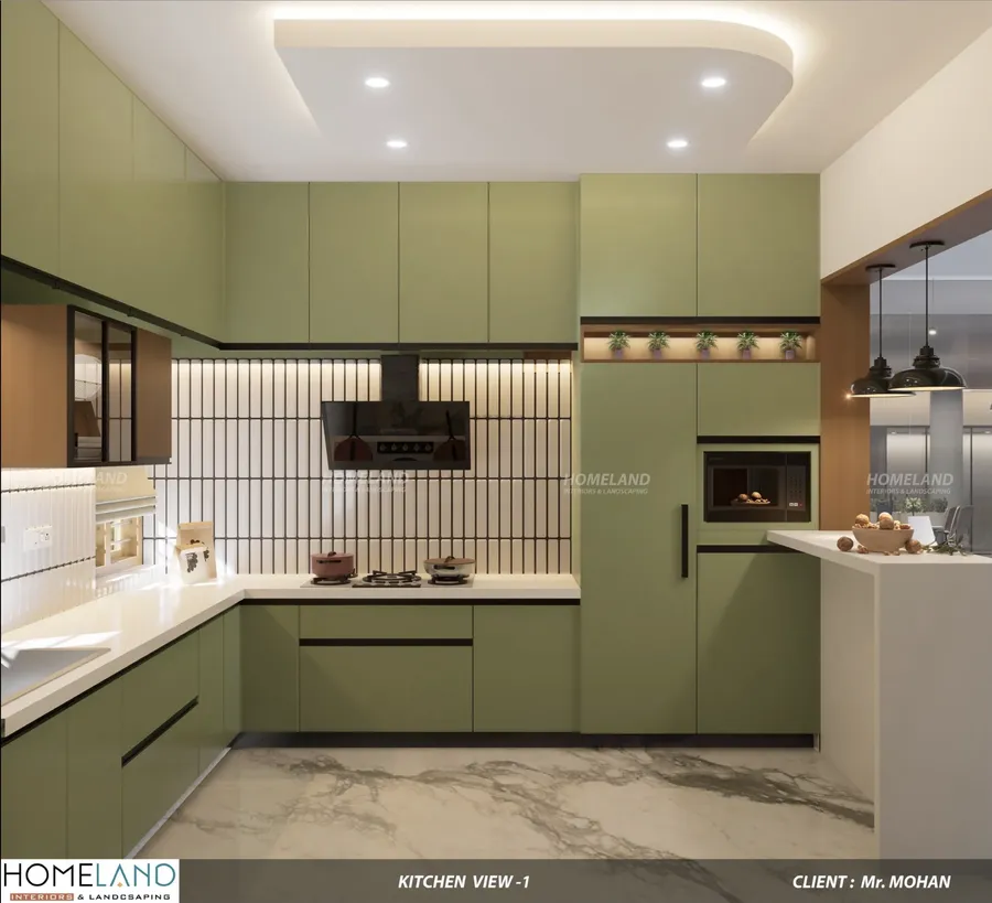 Waterproof BWP marine ply modular kitchen with breakfast counter and modern cabinetry
