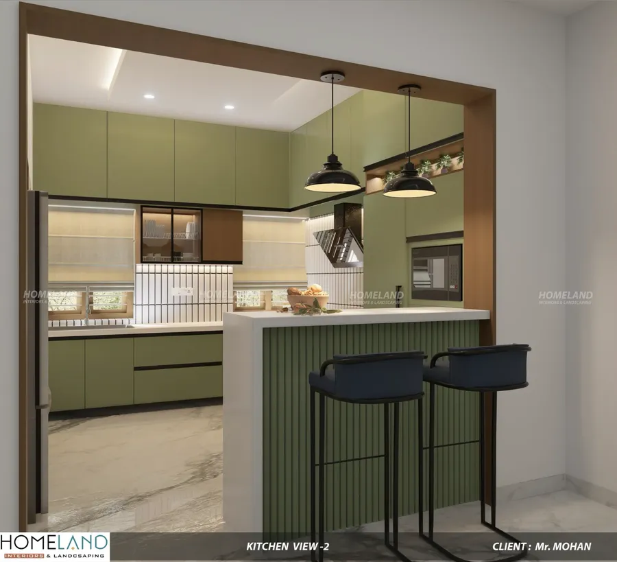 Integrated kitchen cabinets with soft-close drawers and built-in chimney space