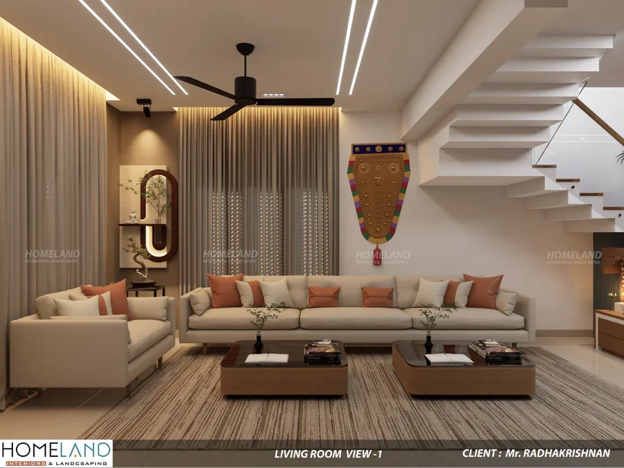Spacious Formal Living Room — Mr. Radhakrishnan Villa designed and crafted by Homeland Interiors, Kerala