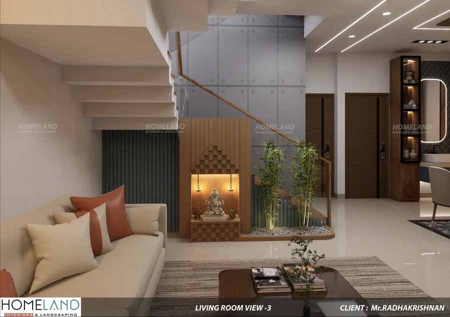 Spacious Formal Living Room — Mr. Radhakrishnan Villa designed and crafted by Homeland Interiors, Kerala