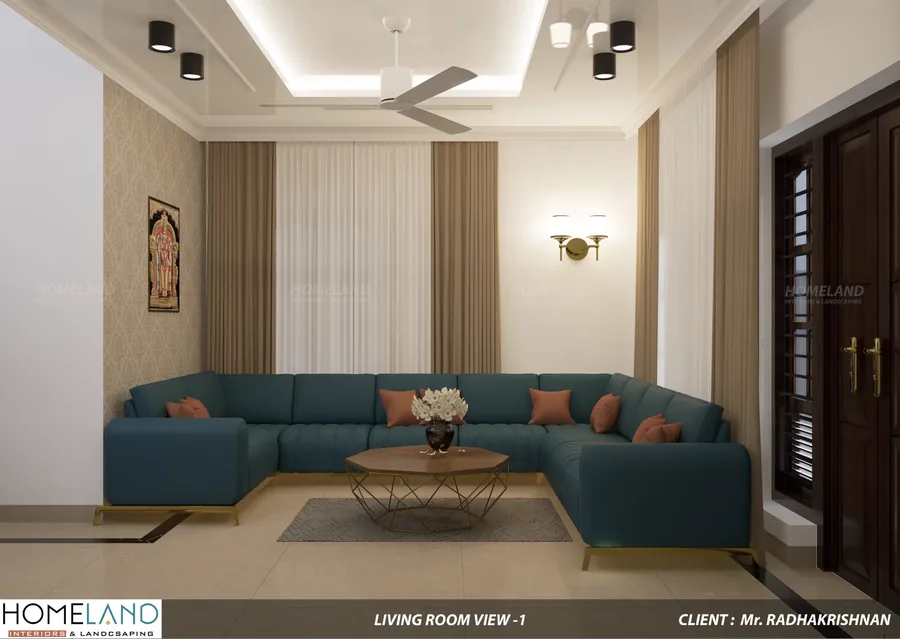 Spacious Formal Living Room — Mr. Radhakrishnan Villa designed and crafted by Homeland Interiors, Kerala