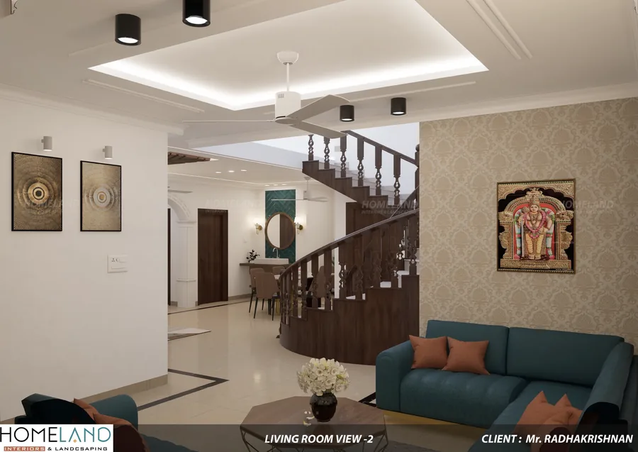 Spacious Formal Living Room — Mr. Radhakrishnan Villa designed and crafted by Homeland Interiors, Kerala