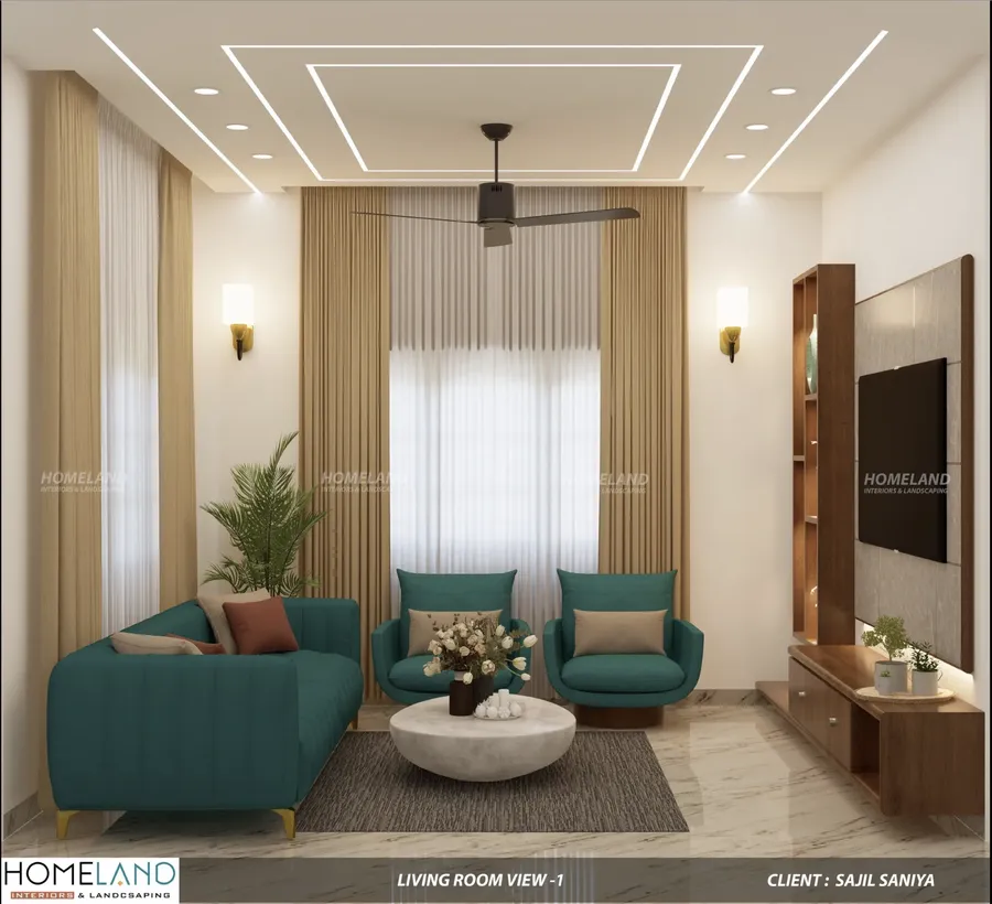 Spacious open living room with custom partitions and atmospheric cove lighting