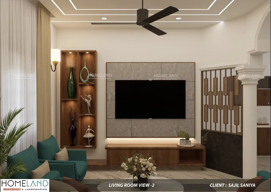 Spacious family lounge featuring architectural false ceiling and custom wall paneling