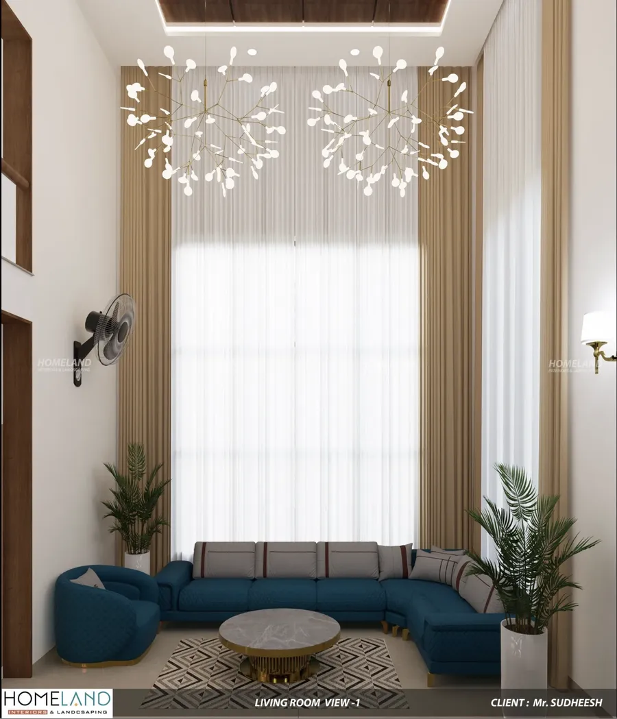 Open-plan living room with tropical cross-ventilation and bespoke sectional lounge