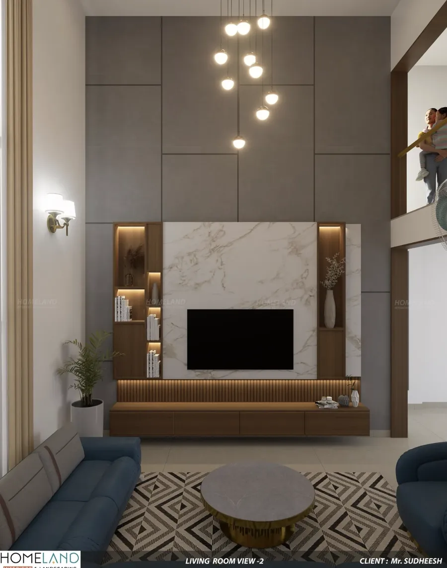 Custom gypsum false ceiling with warm hidden LED cove illumination and entertainment unit