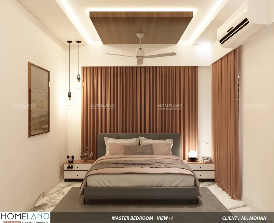 Master bedroom suite with acoustic fluted paneling and warm ambient pendant lights