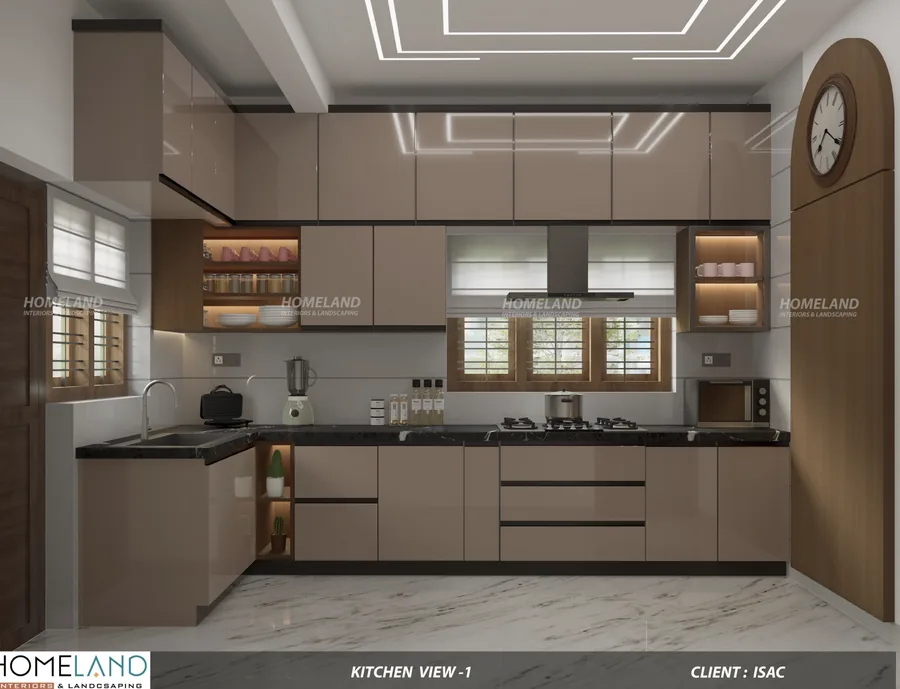 High-Gloss Modular Chef Kitchen — Mr. Isac Residence designed and crafted by Homeland Interiors, Kerala