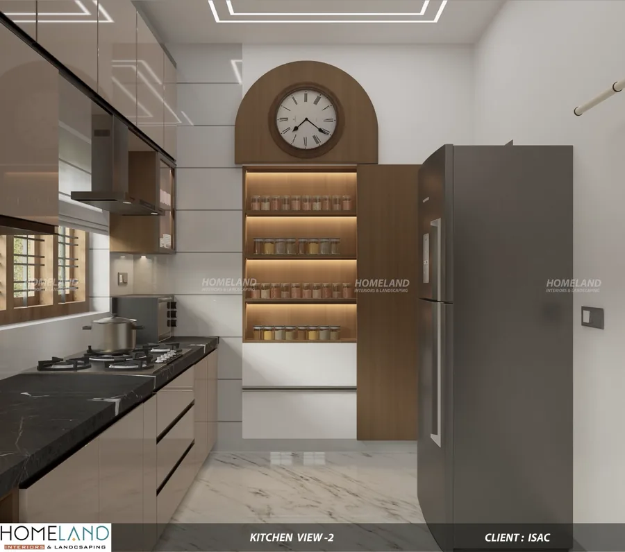 High-Gloss Modular Chef Kitchen — Mr. Isac Residence designed and crafted by Homeland Interiors, Kerala