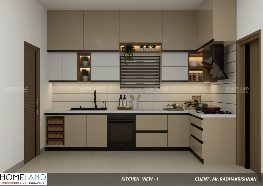 High-Gloss Modular Chef Kitchen — Mr. Radhakrishnan Villa designed and crafted by Homeland Interiors, Kerala