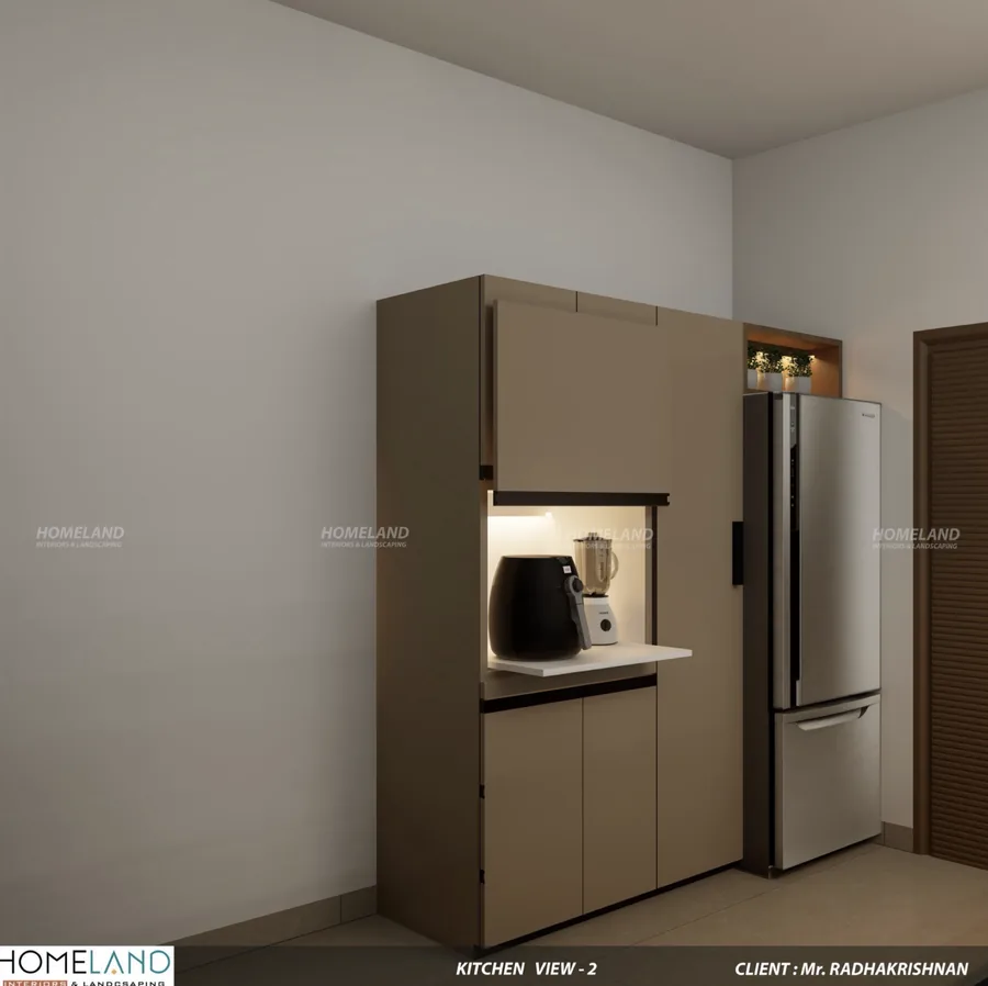 High-Gloss Modular Chef Kitchen — Mr. Radhakrishnan Villa designed and crafted by Homeland Interiors, Kerala