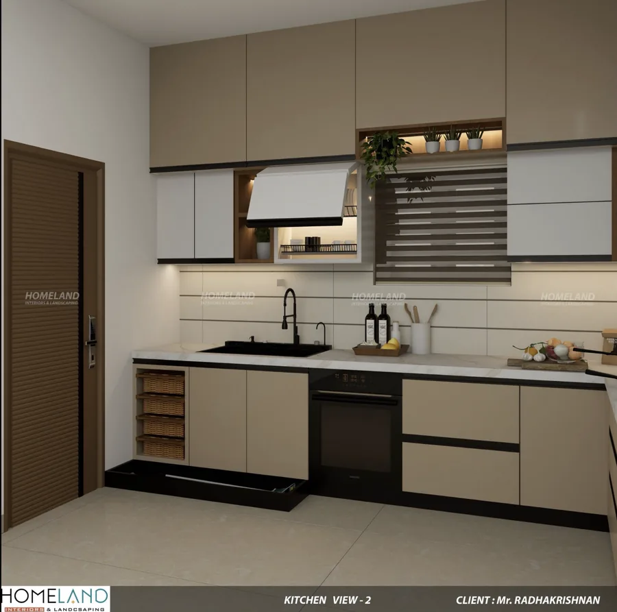 High-Gloss Modular Chef Kitchen — Mr. Radhakrishnan Villa designed and crafted by Homeland Interiors, Kerala