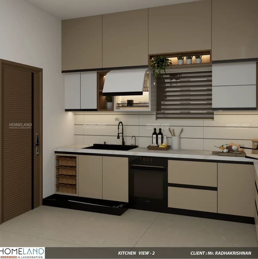 High-Gloss Modular Chef Kitchen — Mr. Radhakrishnan Villa designed and crafted by Homeland Interiors, Kerala
