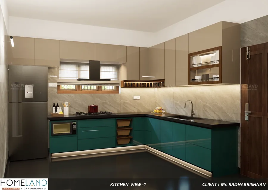 High-Gloss Modular Chef Kitchen — Mr. Radhakrishnan Villa designed and crafted by Homeland Interiors, Kerala