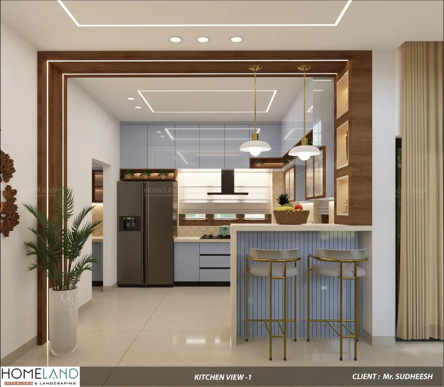 High-Gloss Modular Chef Kitchen — Mr. Sudheesh Villa designed and crafted by Homeland Interiors, Kerala