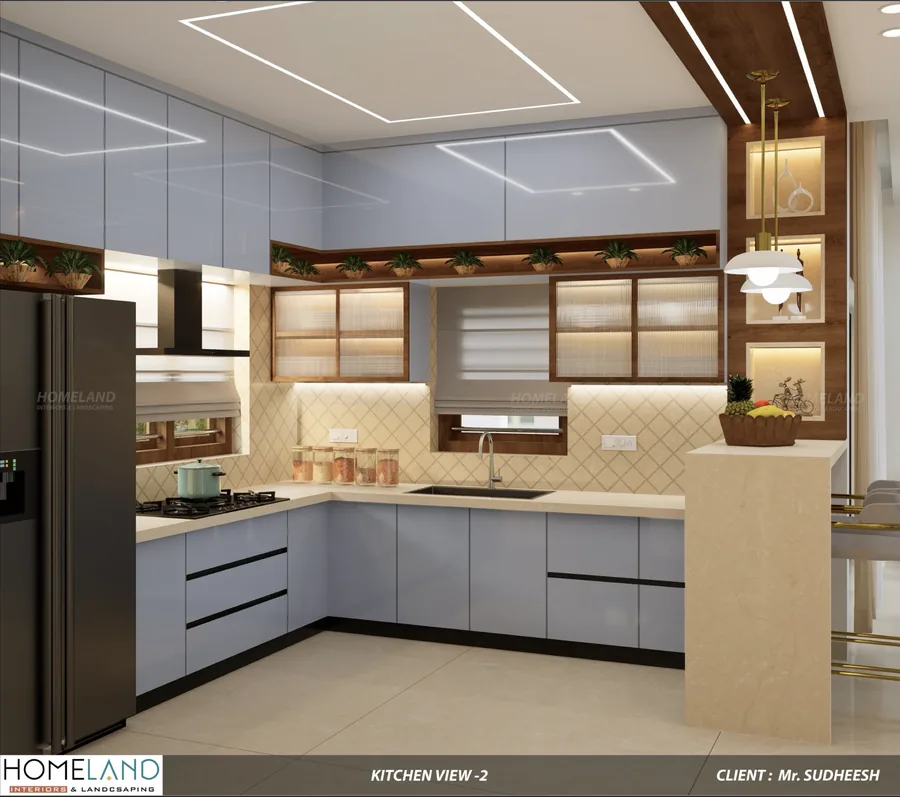 High-Gloss Modular Chef Kitchen — Mr. Sudheesh Villa designed and crafted by Homeland Interiors, Kerala