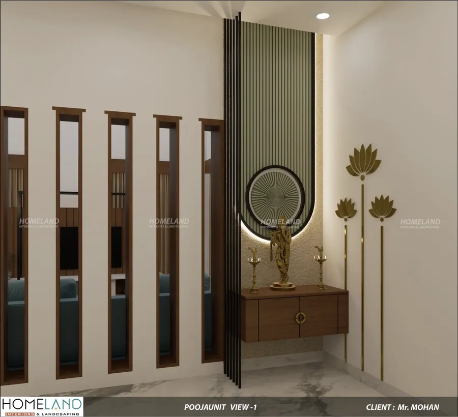 Intricately crafted wooden pooja unit with sacred geometry and back-lit panels