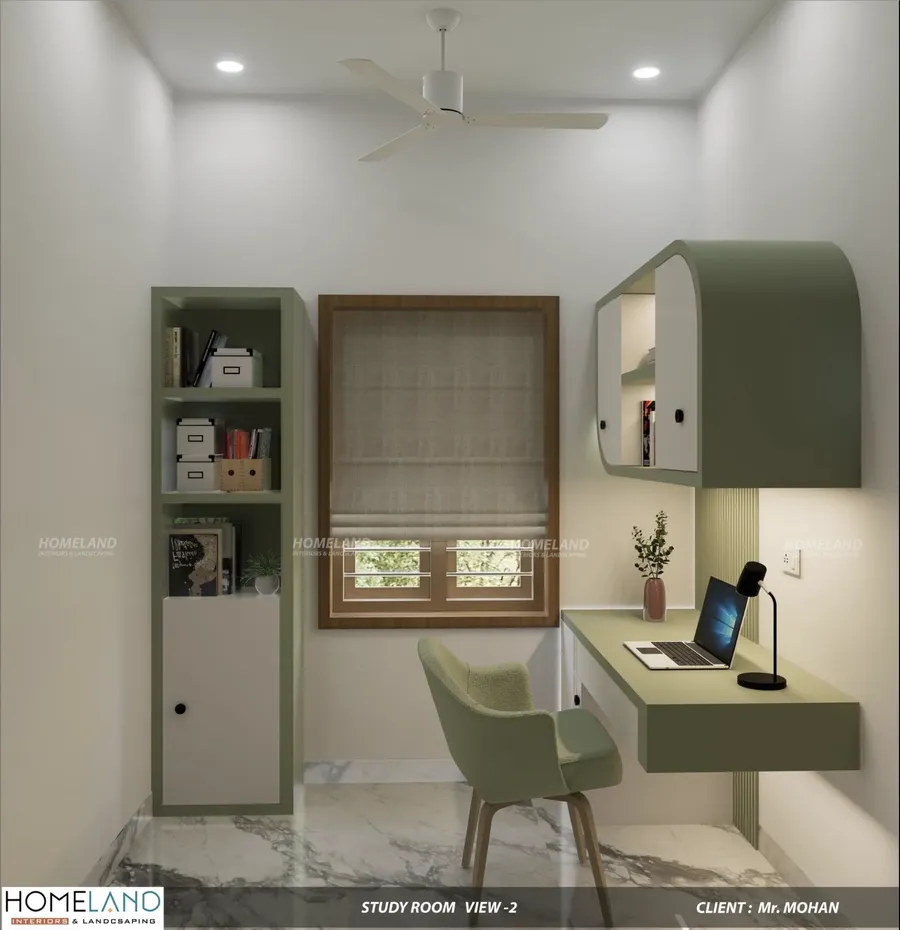 Home office workstation with custom bookshelves and cable management