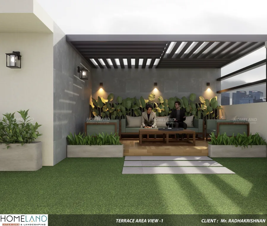 Open Terrace Garden & Sitting Lounge — Mr. Radhakrishnan Villa designed and crafted by Homeland Interiors, Kerala