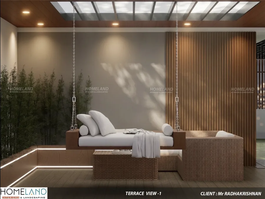 Open Terrace Garden & Sitting Lounge — Mr. Radhakrishnan Villa designed and crafted by Homeland Interiors, Kerala