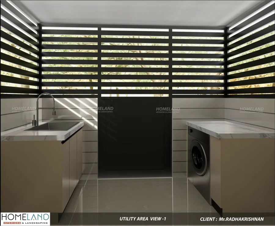Utility & Modern Household Laundry Area — Mr. Radhakrishnan Villa designed and crafted by Homeland Interiors, Kerala