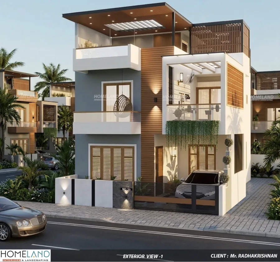 Contemporary Kerala Villa Exterior Facade — Mr. Radhakrishnan Villa designed and crafted by Homeland Interiors, Kerala